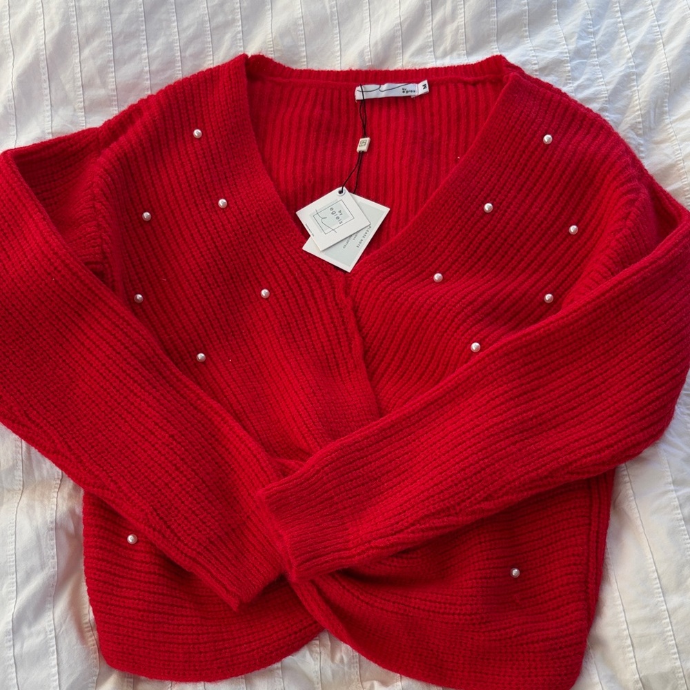 Red Pearl-Embellished V-Neck Cardigan Sweater - Women